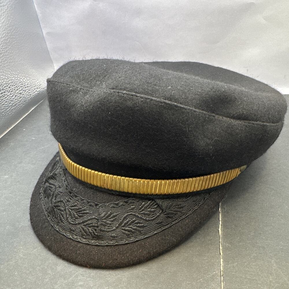 Vintage Greek Fisherman Cap Black Wool Gold Band Made in Greece Nautical Hat
